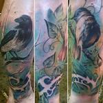 Tattoos - Color Art Nouveau birds, vines, branches, trees on leg, rework by Yorick Tattoo - 130735